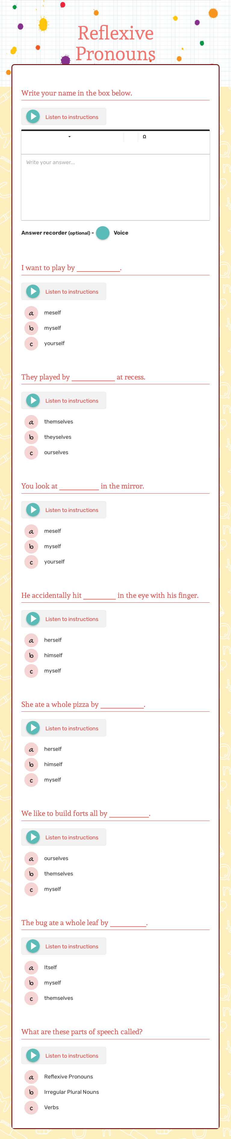 Reflexive Pronouns worksheet preview image