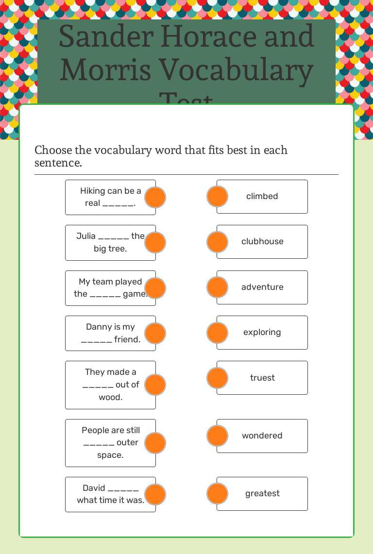 Sander Horace and Morris Vocabulary Test worksheet preview image