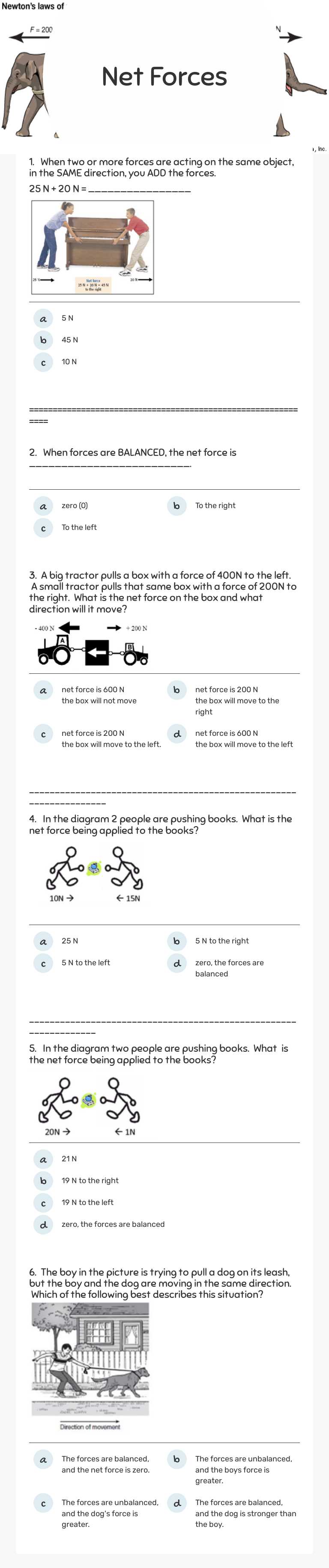 Net Forces Grade 7 worksheet preview