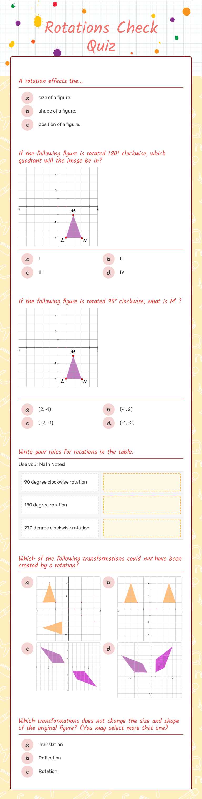 Rotations Check Quiz worksheet preview image