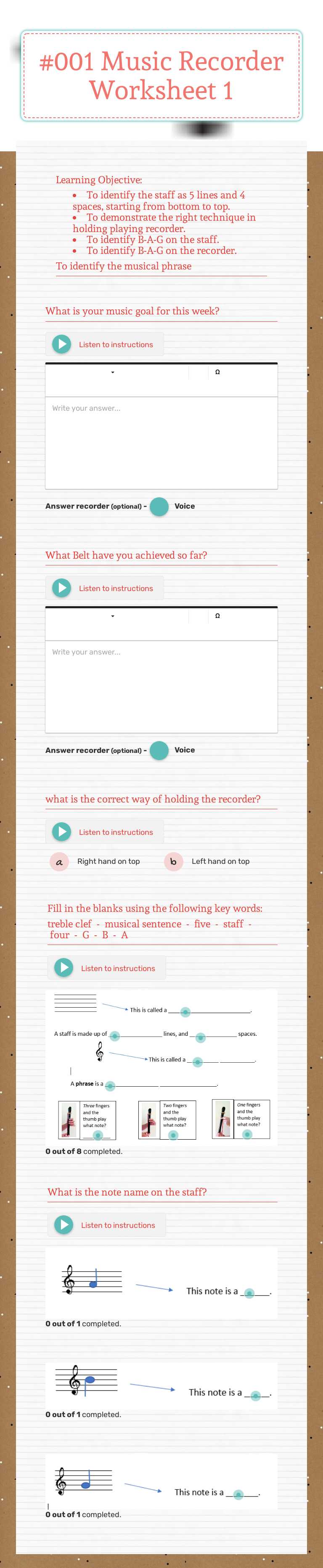#001 Music Recorder Worksheet 1 Grade 4 worksheet preview