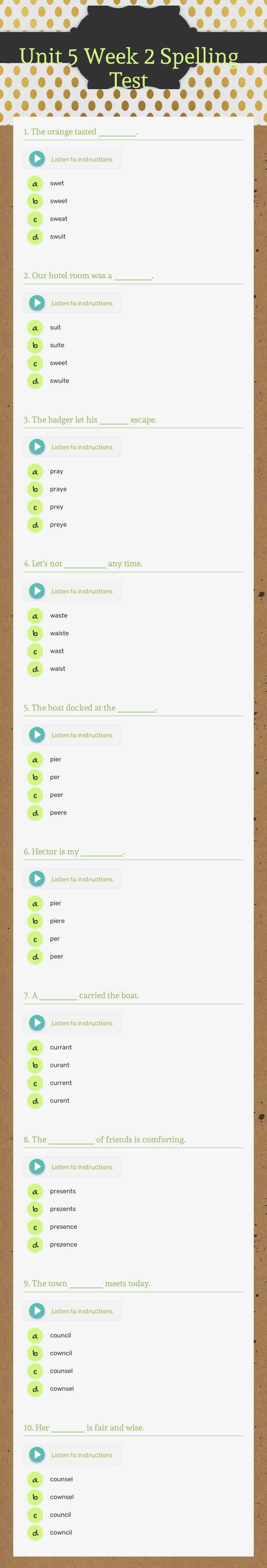 Unit 5 Week 2 Spelling Test Grade 5 worksheet preview