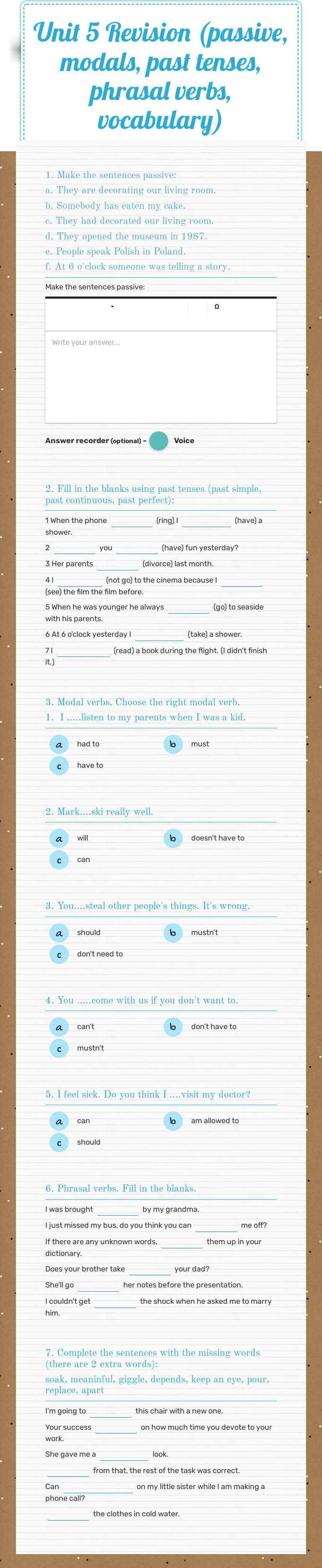 Unit 5 Revision 
(passive, modals, past tenses, phrasal verbs, vocabulary) Other worksheet preview