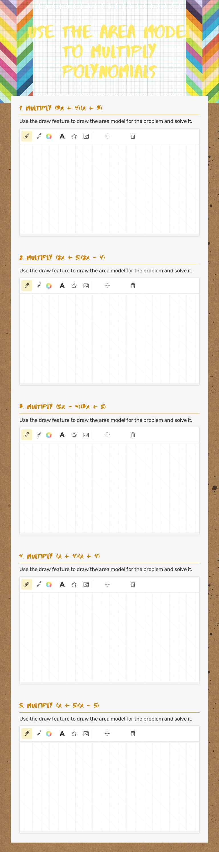 Use the Area model to multiply polynomials worksheet preview image