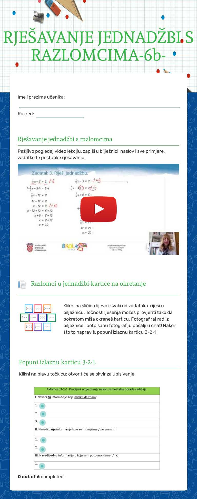 RJEŠAVANJE JEDNADŽBI S RAZLOMCIMA-6b- worksheet preview image