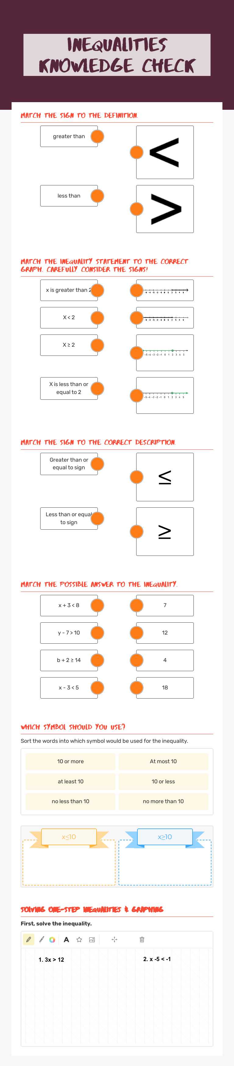 Inequalities knowledge check worksheet preview image