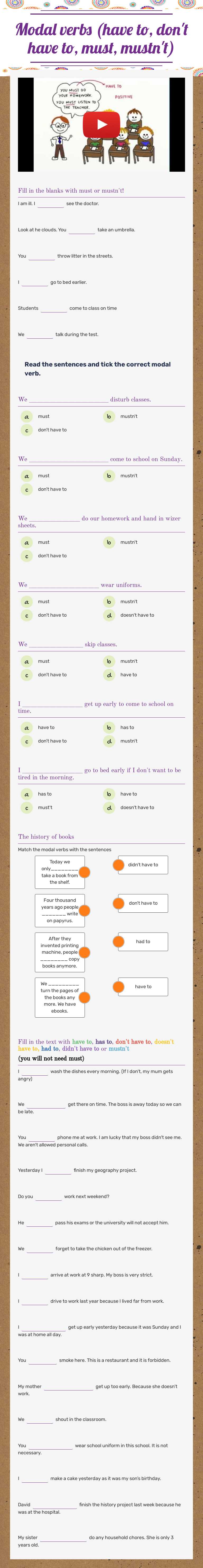 Modal verbs (have to, don't have to, must, mustn't) worksheet preview image