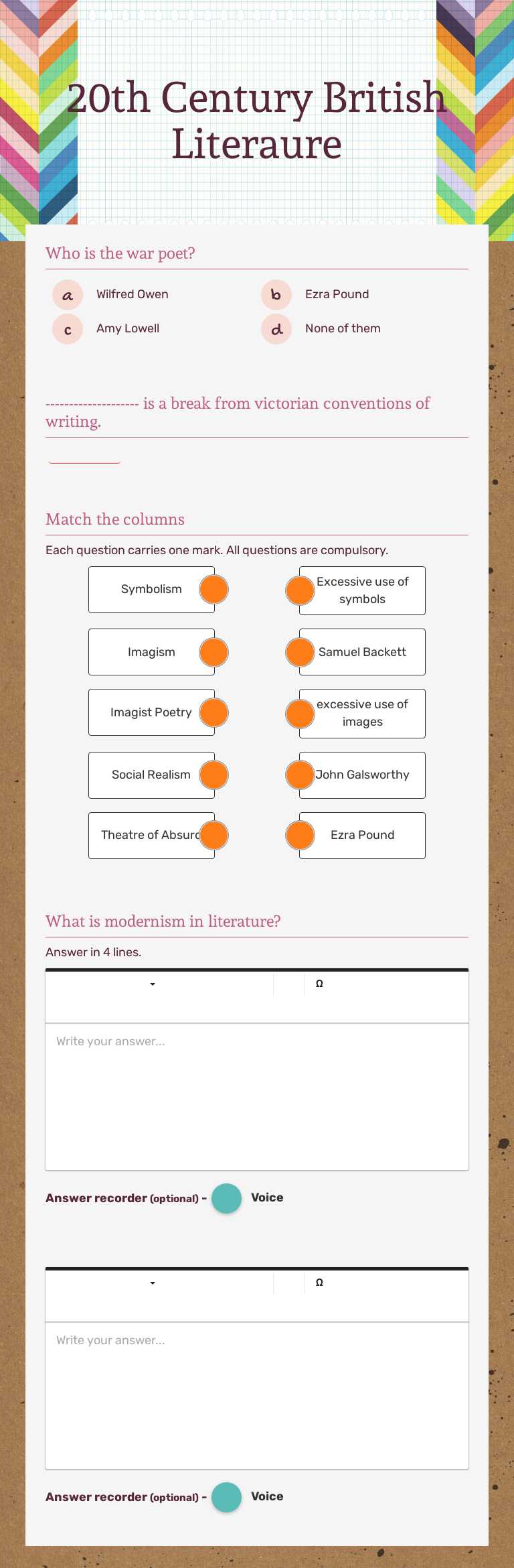 20th Century British Literaure worksheet preview image