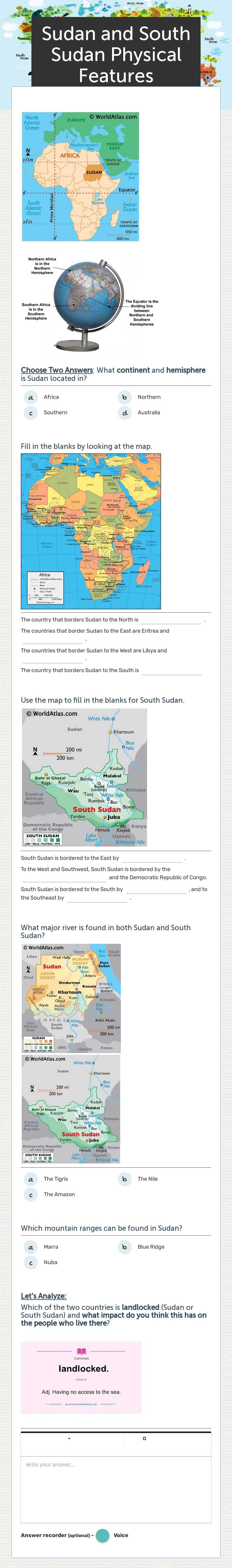 Sudan and South Sudan Physical Features worksheet preview image