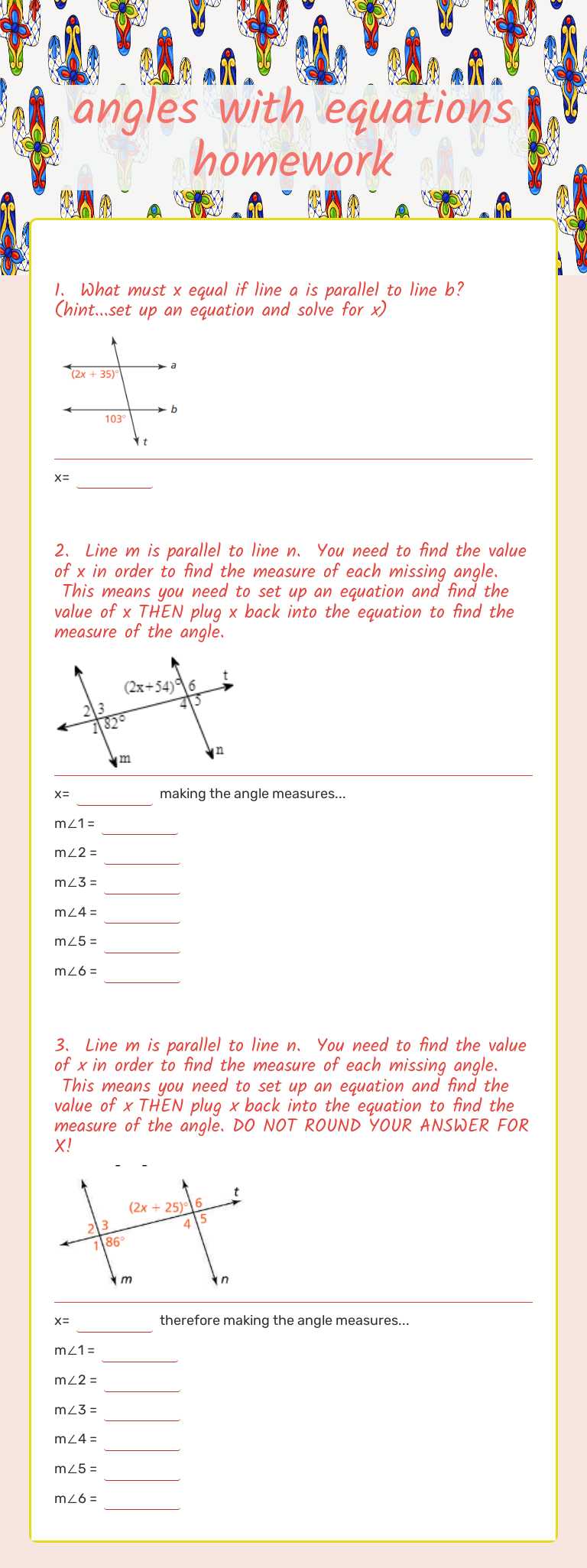 angles with equations homework worksheet preview image