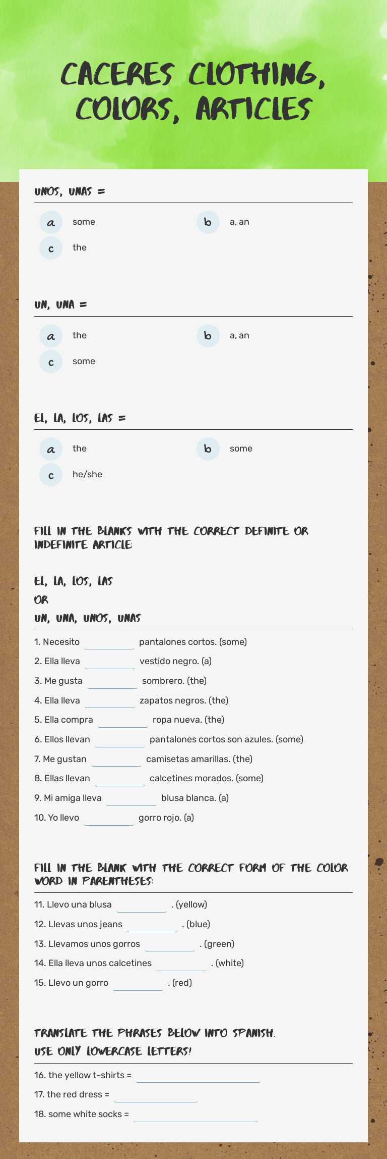 CACERES Clothing, Colors, articles worksheet preview image