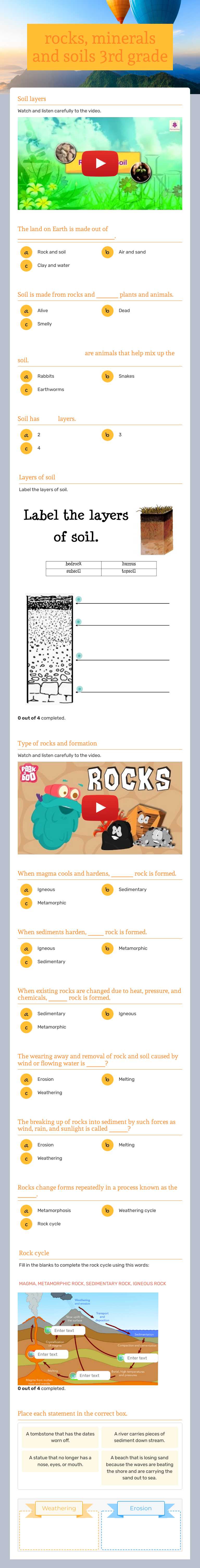 rocks, minerals and soils 3rd grade worksheet preview image