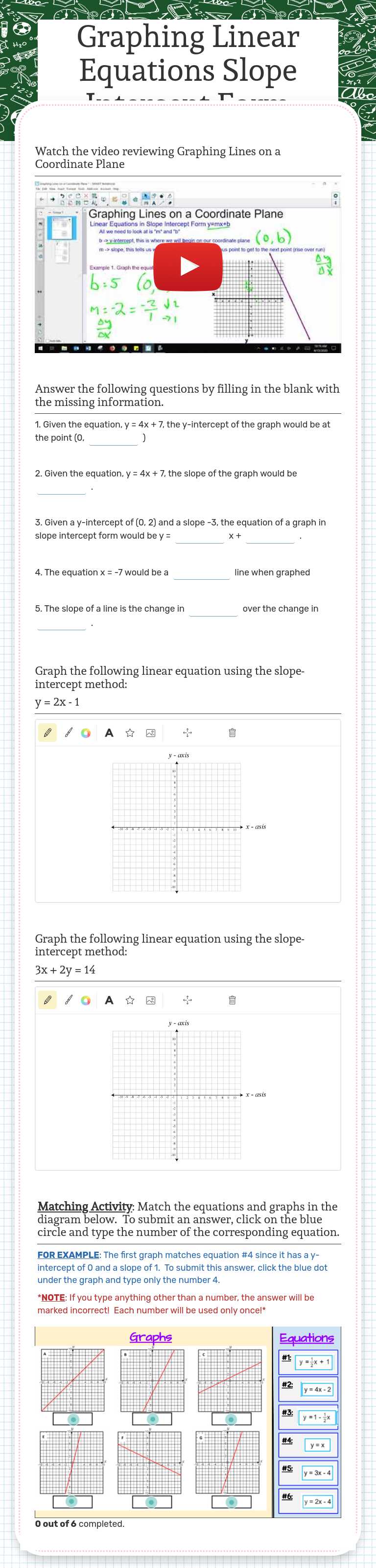 Graphing Linear Equations Slope Intercept Form worksheet preview image