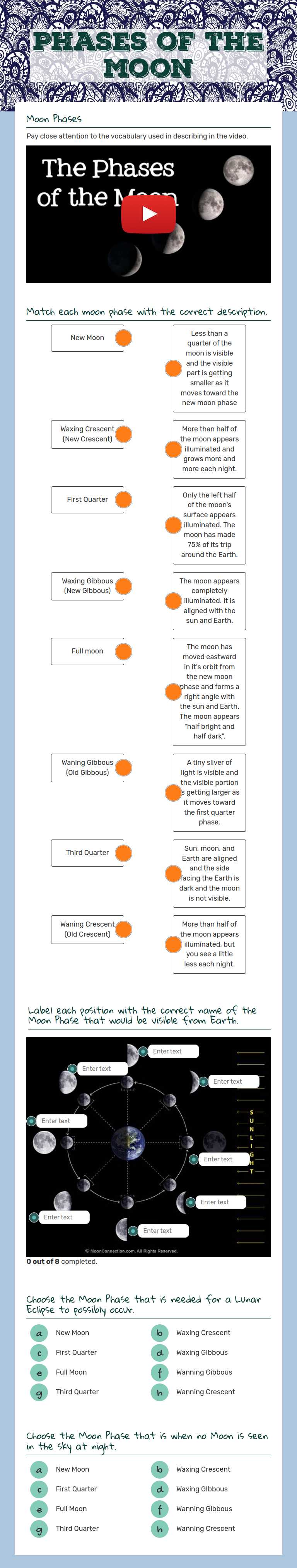 Phases of the Moon worksheet preview image