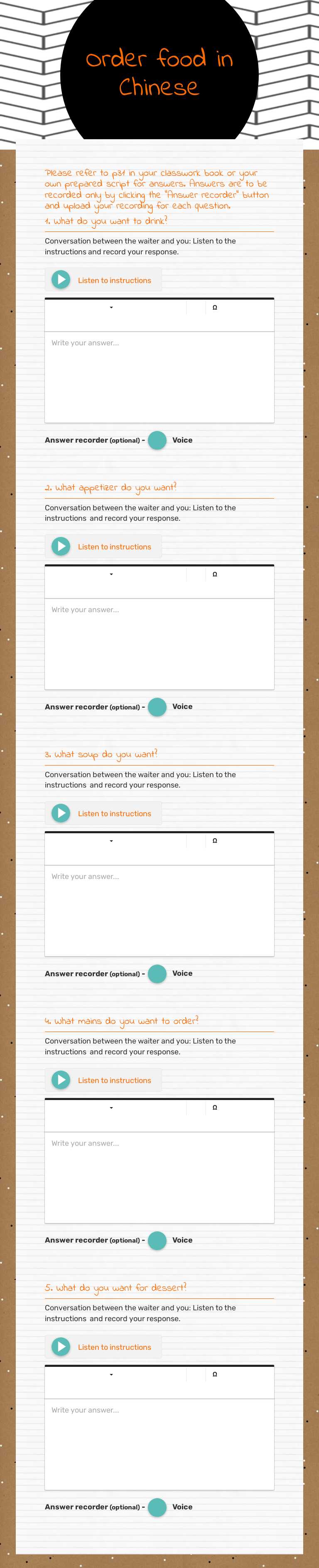 Order food in Chinese worksheet preview image
