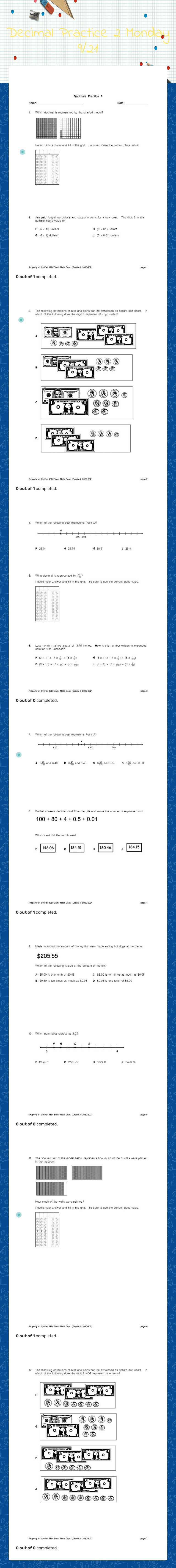 Decimal Practice 2 Monday
9/21 Grade 4 worksheet preview