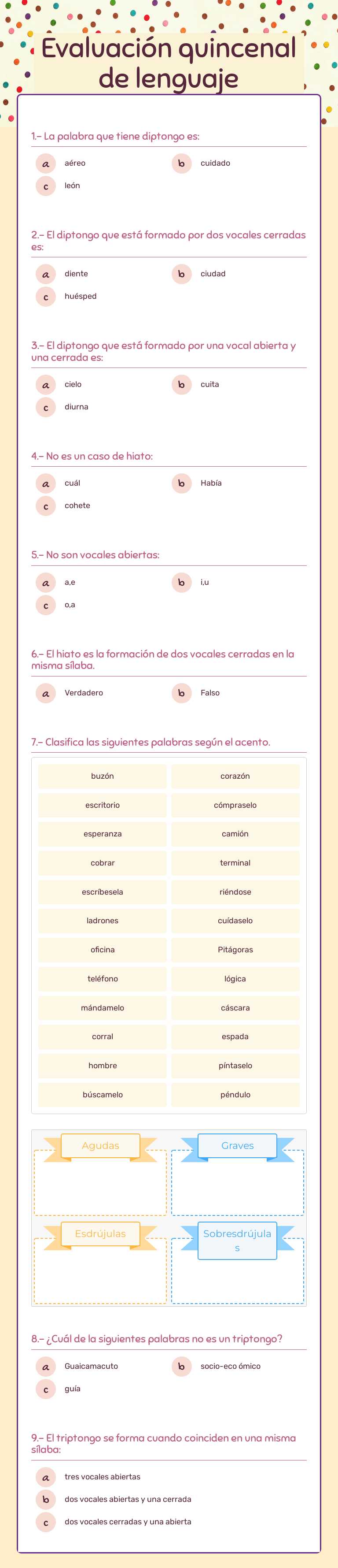 Evaluación quincenal de lenguaje worksheet preview image