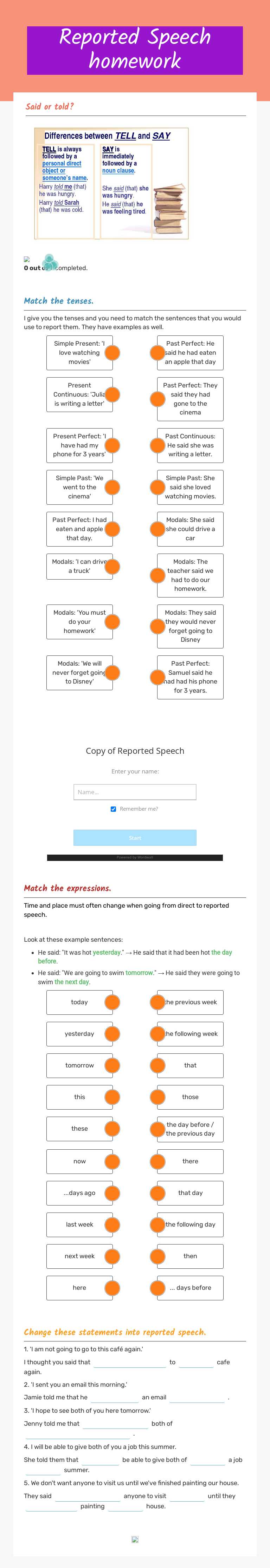 Reported Speech homework worksheet preview image