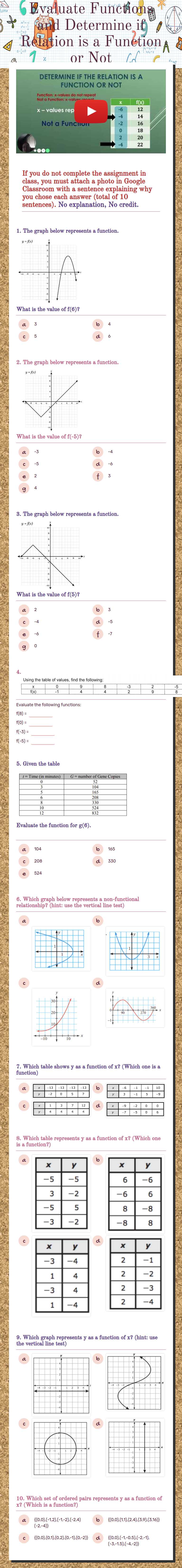 Evaluate Functions and Determine if Relation is a Function or Not worksheet preview image
