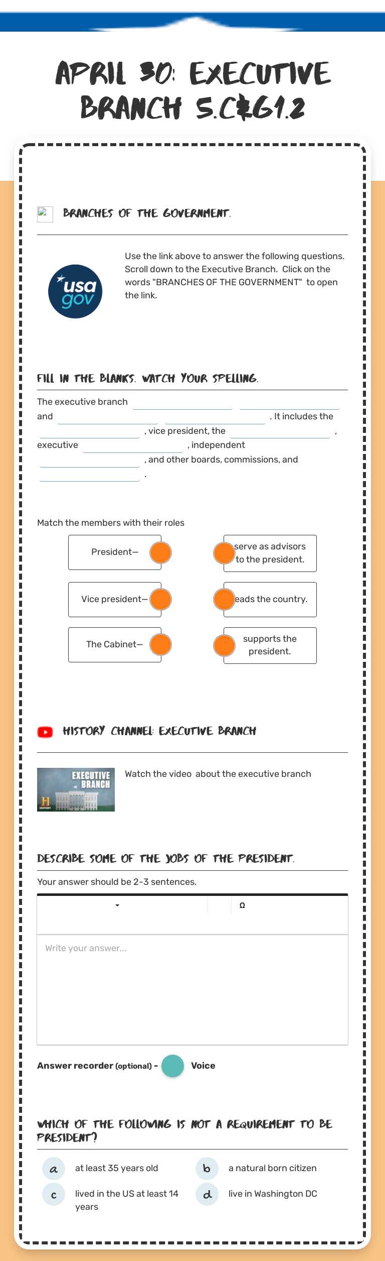 APril 30: Executive Branch
5.c&G1.2 Grade 5 worksheet preview