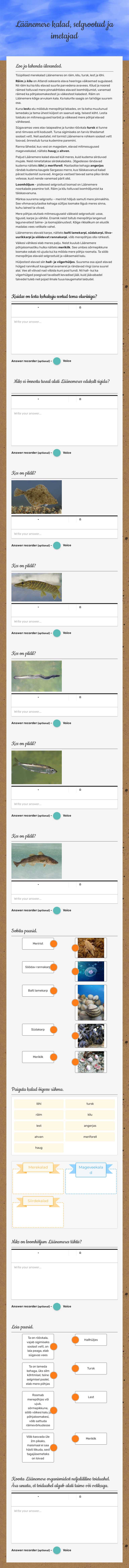 Läänemere kalad, selgrootud ja imetajad worksheet preview image