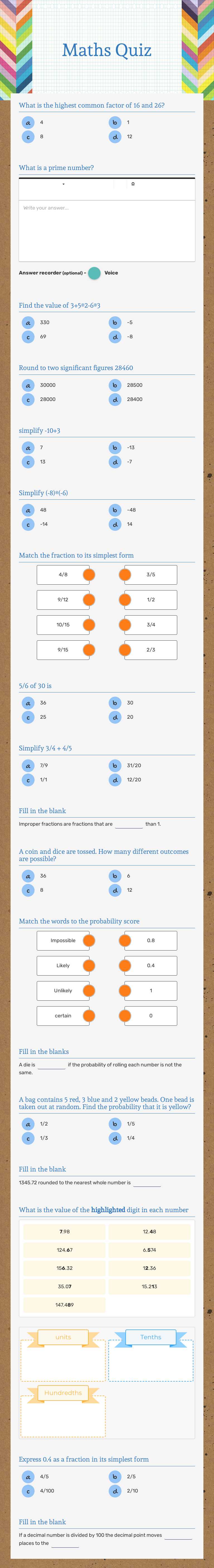 Maths Quiz worksheet preview image