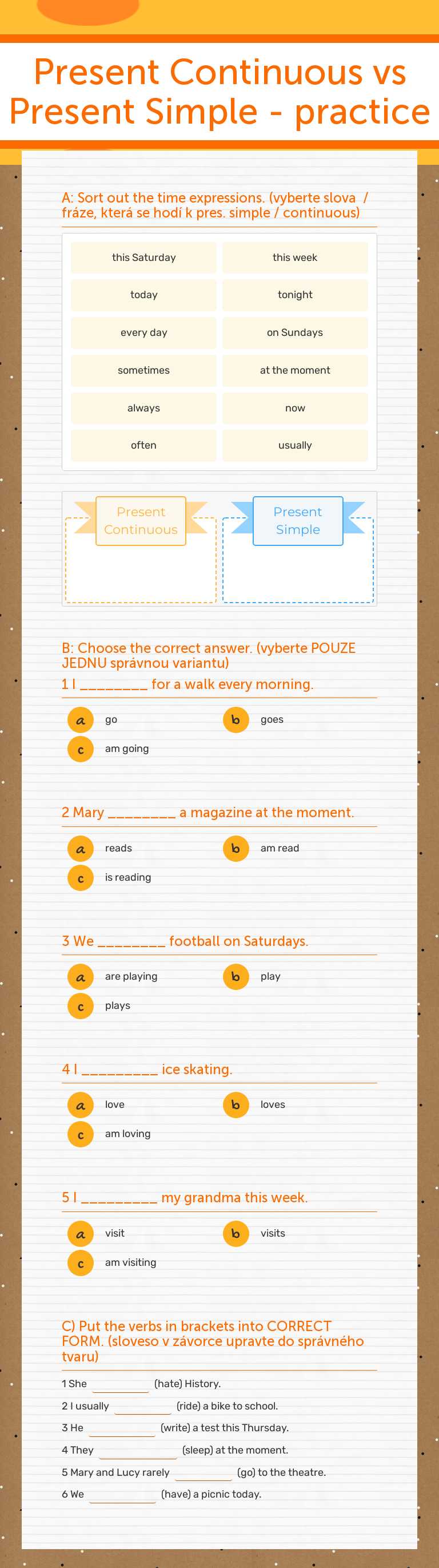 Present Continuous vs Present Simple - practice Grade 5 worksheet preview
