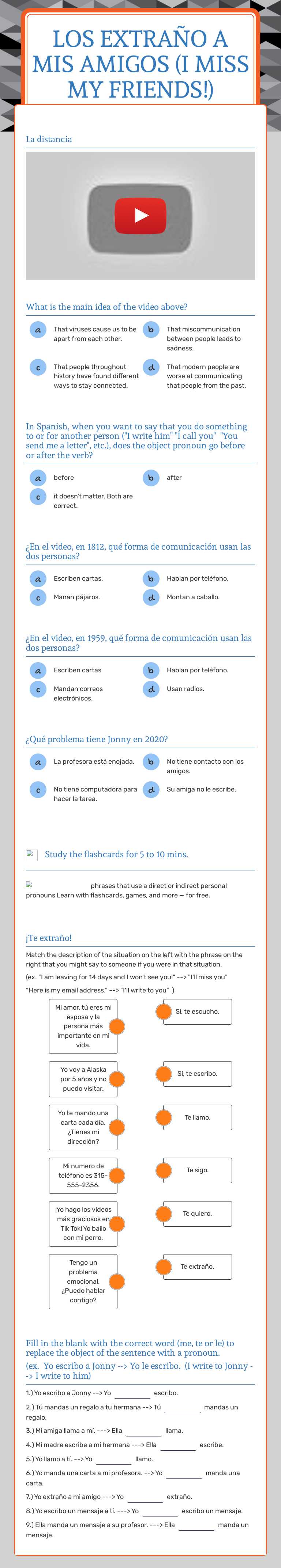 Los extraño a mis amigos (I miss my friends!) worksheet preview image