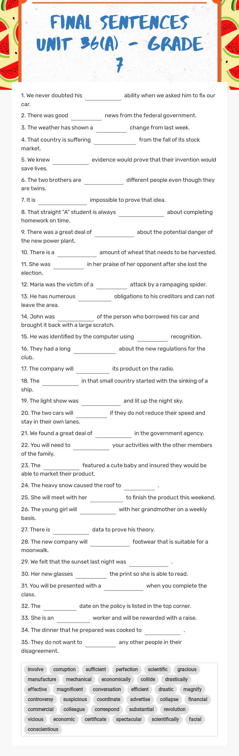 Final Sentences Unit 36(A) - Grade 7 worksheet preview image