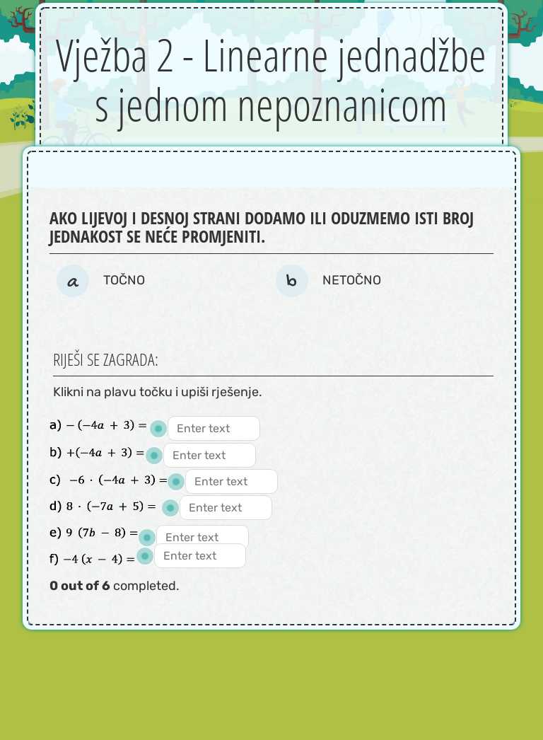 Vježba 2 - Linearne jednadžbe s jednom nepoznanicom worksheet preview image