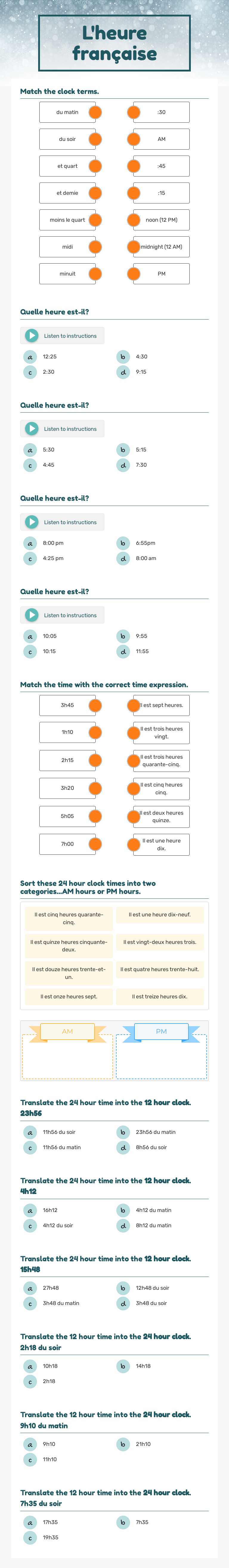 L'heure française Grade 6 worksheet preview