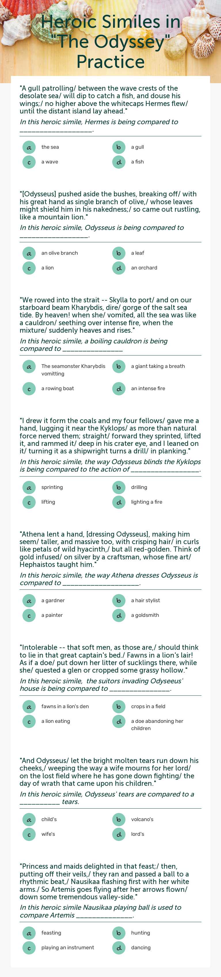 Heroic Similes in "The Odyssey" Practice worksheet preview image