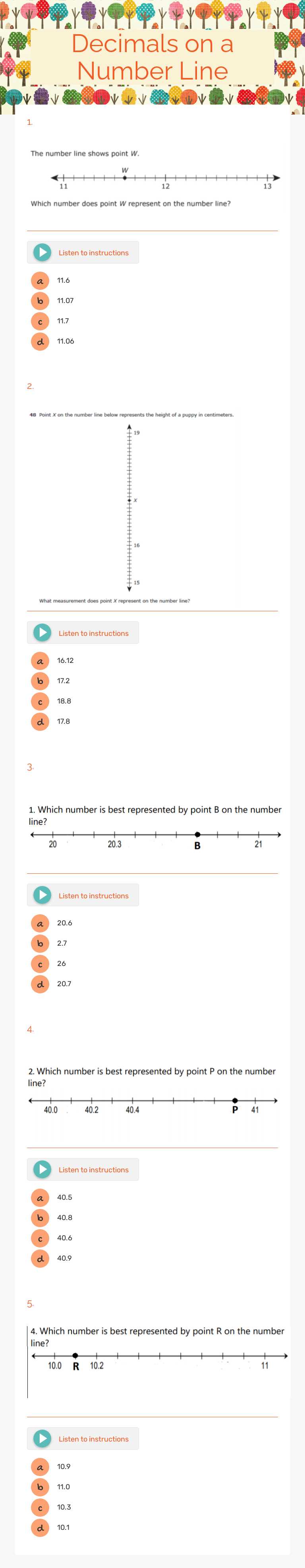 Decimals on a Number Line worksheet preview image