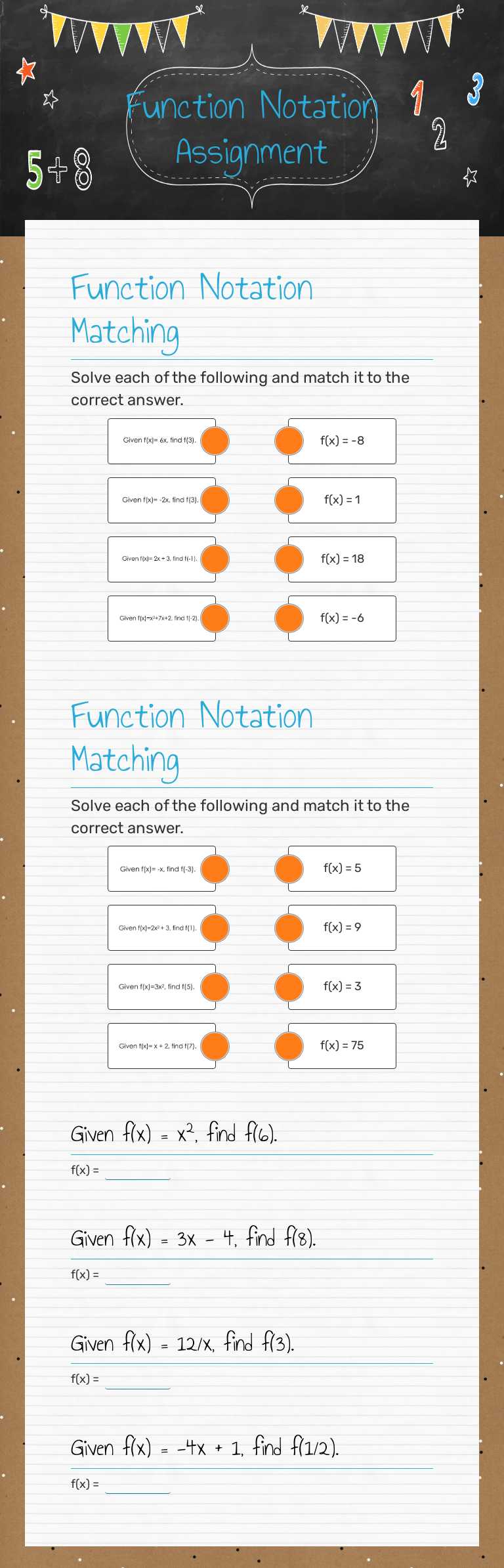 Function Notation Assignment worksheet preview image