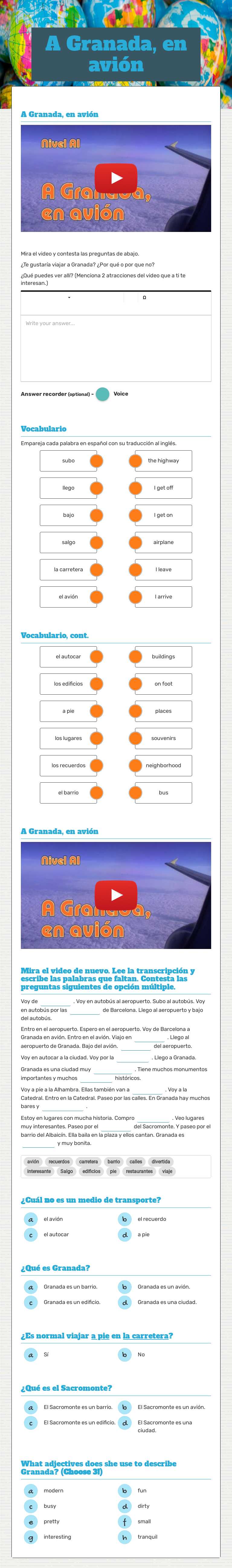 A Granada, en avión worksheet preview image