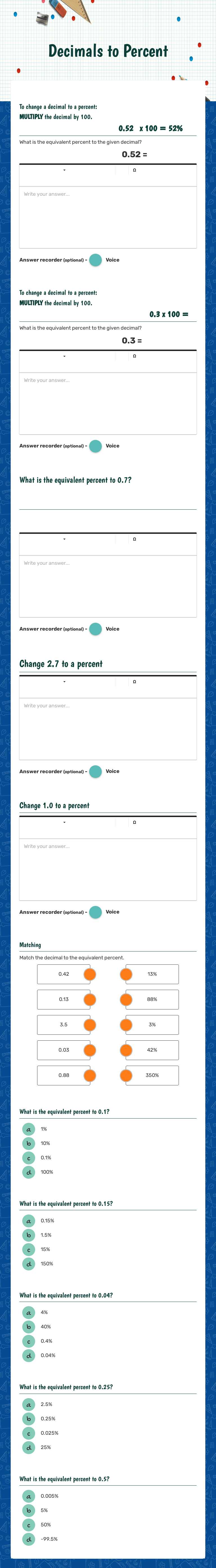 Decimals to Percent worksheet preview image