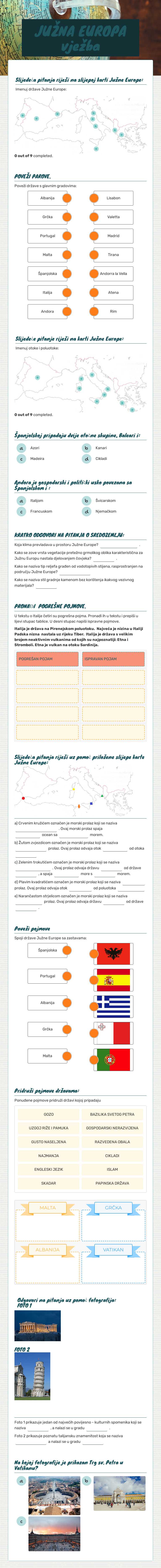 JUŽNA EUROPA vježba worksheet preview image