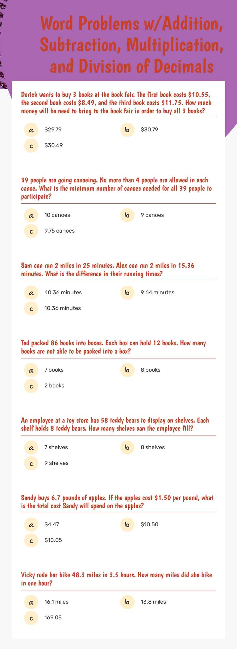 Word Problems w/Addition, Subtraction, Multiplication, and Division of Decimals Grade 6 worksheet preview