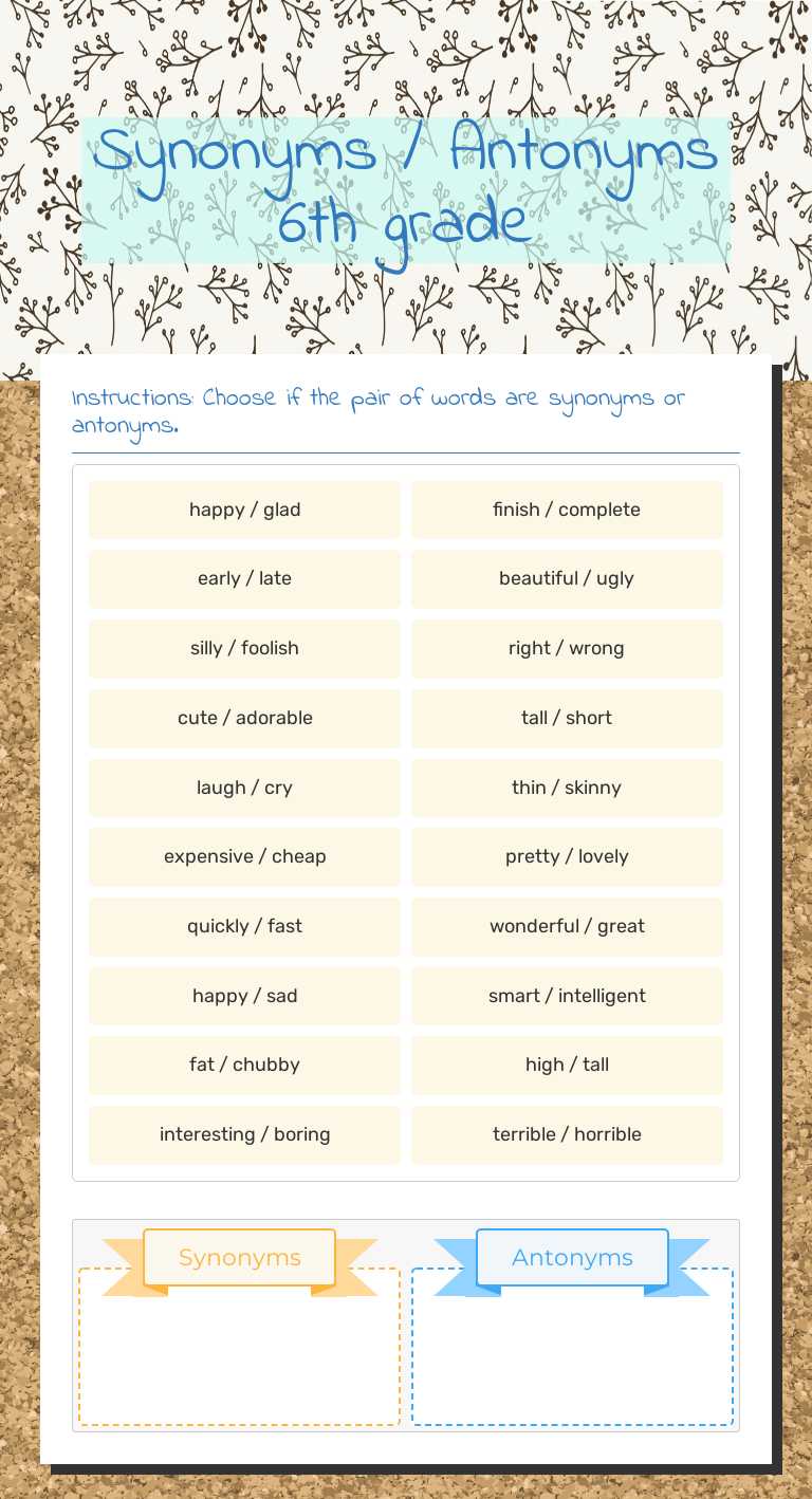 Synonyms / Antonyms 6th grade worksheet preview image