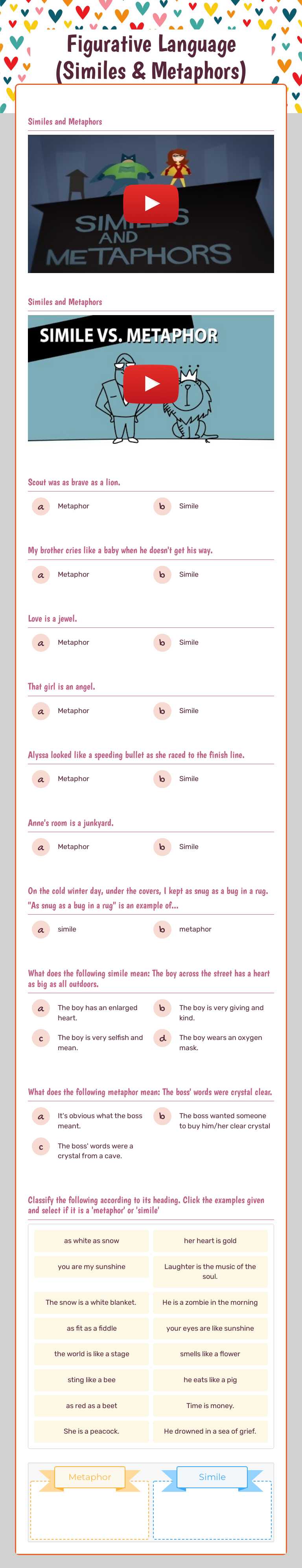 Figurative Language 
(Similes & Metaphors) worksheet preview image