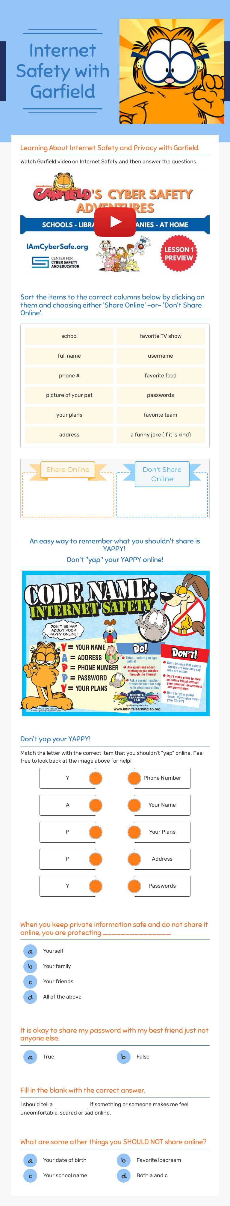 Internet
Safety
with Garfield worksheet preview image