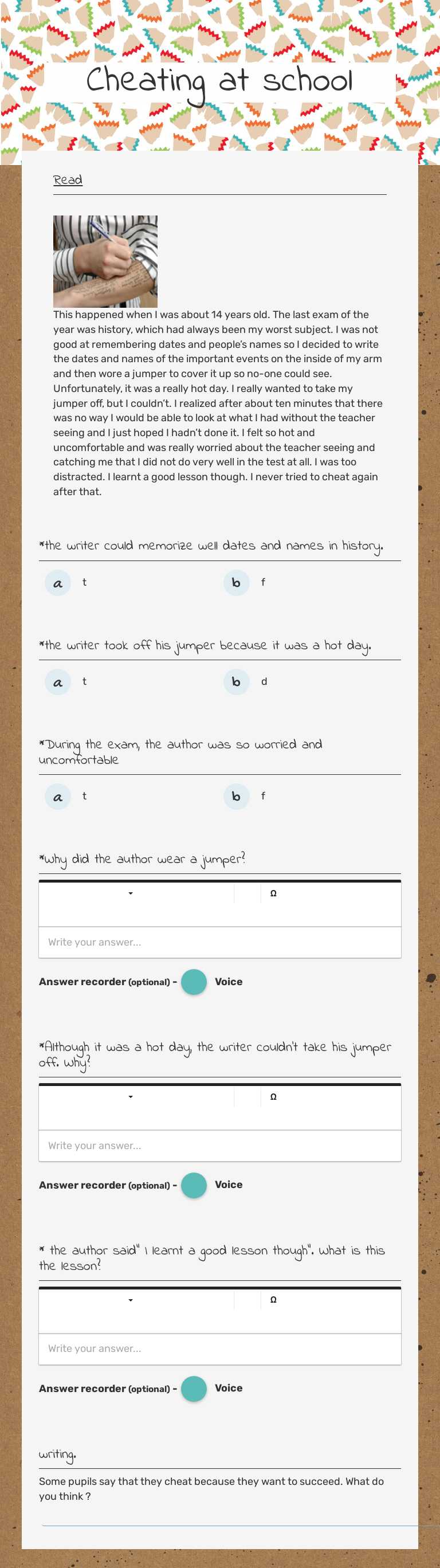Cheating at school worksheet preview image
