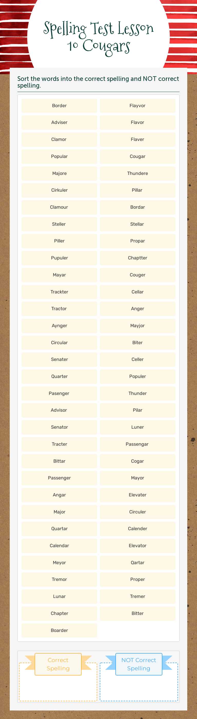 Spelling Test
Lesson 10
Cougars worksheet preview image