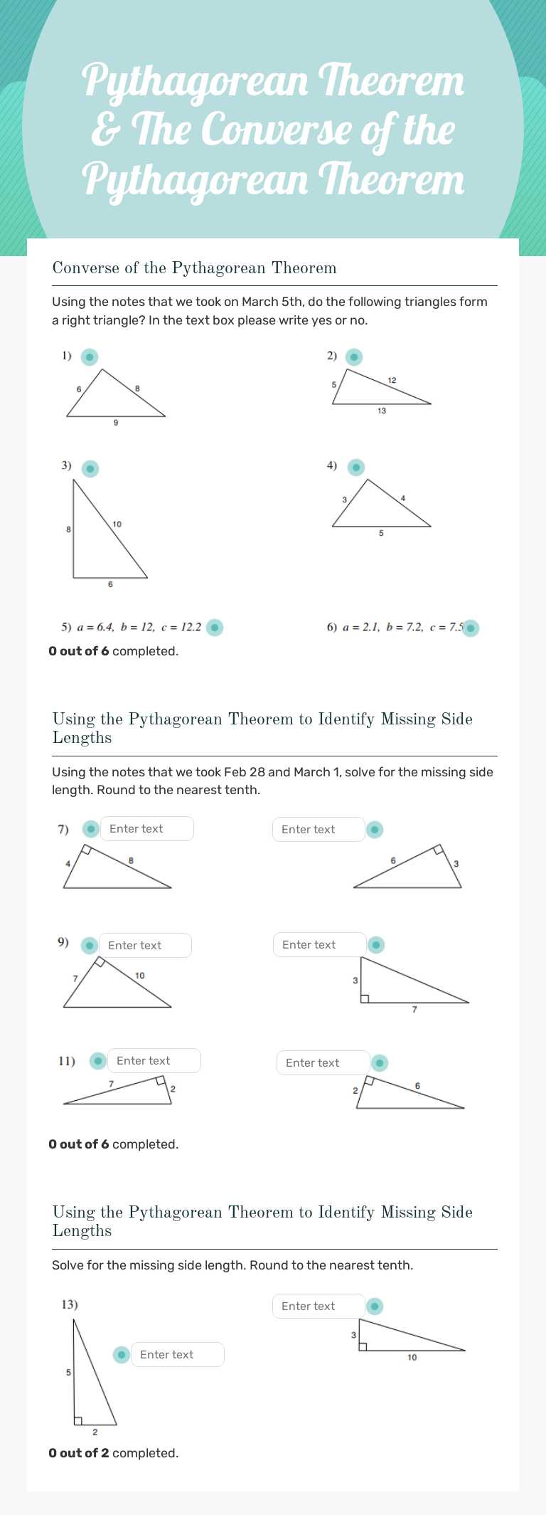 Pythagorean Theorem & The  Converse of the Pythagorean Theorem worksheet preview image