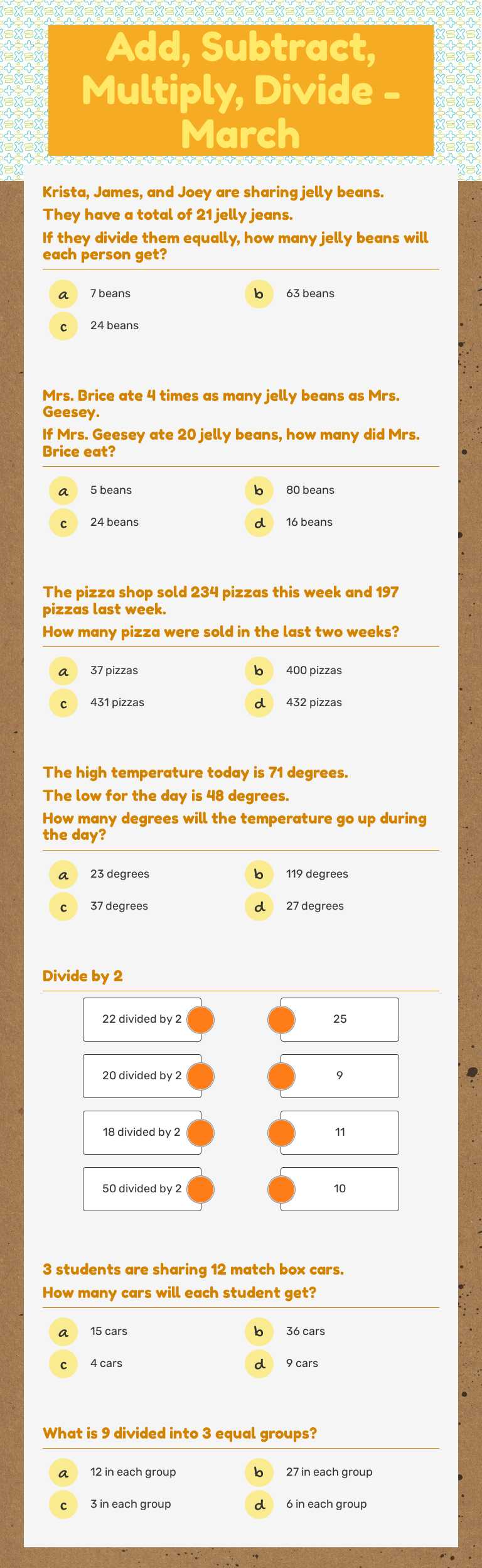 Add, Subtract, Multiply, Divide - March worksheet preview image