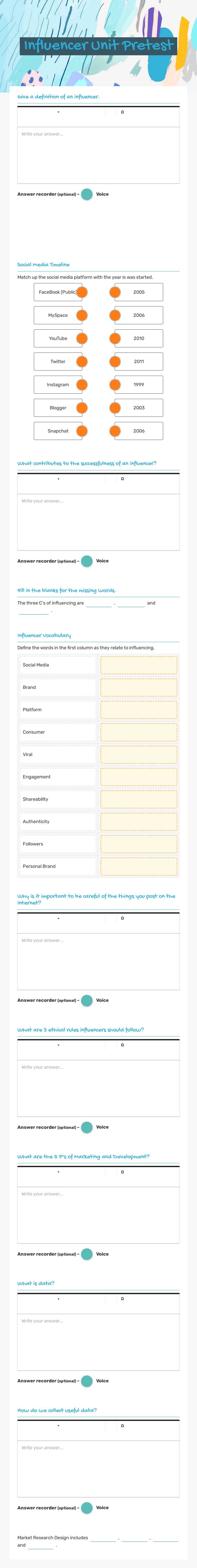 Influencer Unit Pretest worksheet preview image