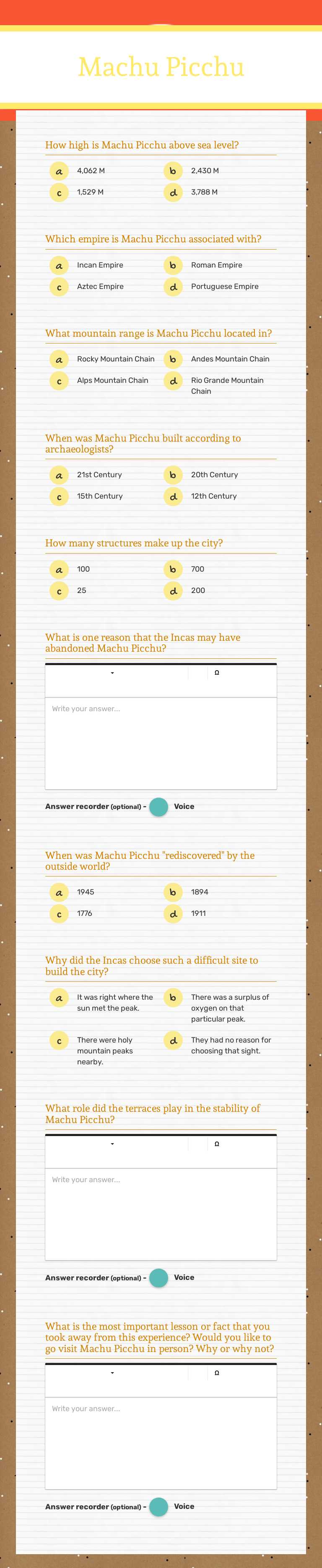 Machu Picchu worksheet preview image