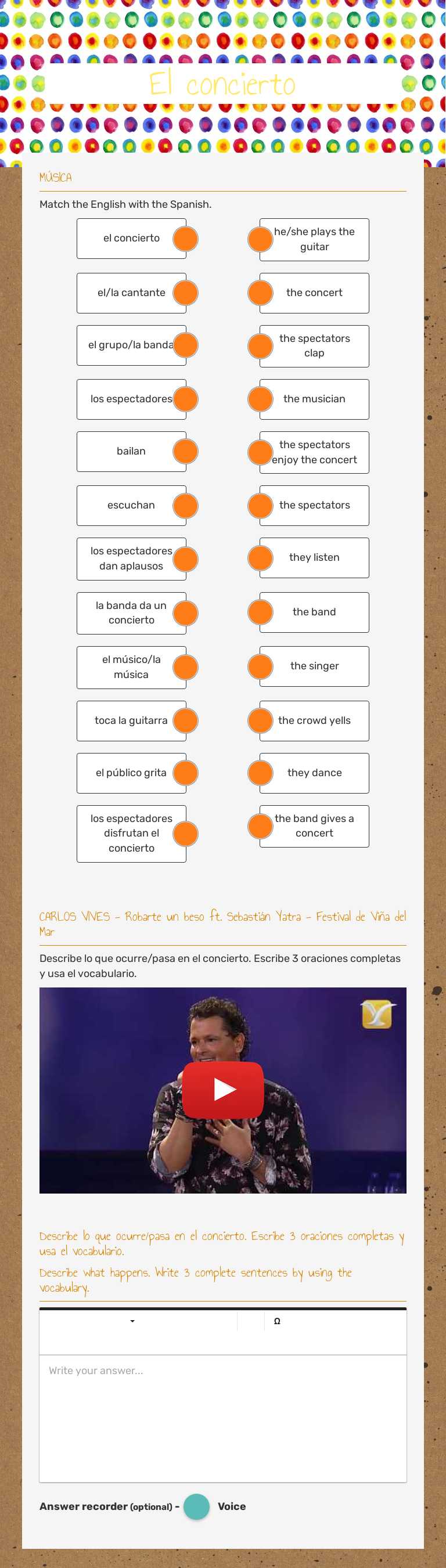 El concierto Grade 8 worksheet preview