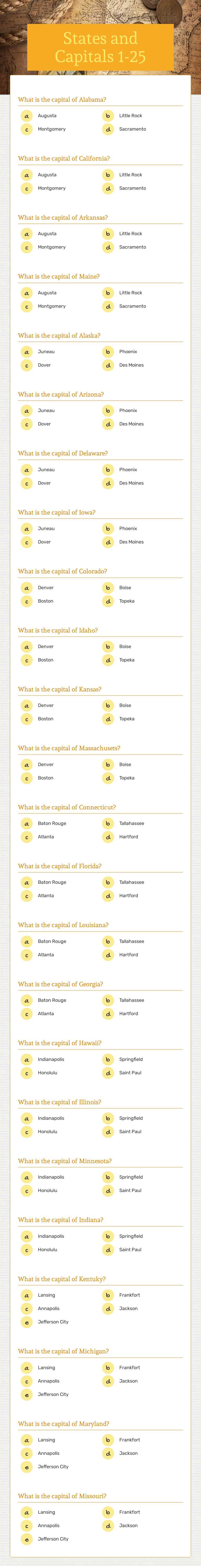 States and Capitals 1-25 worksheet preview image