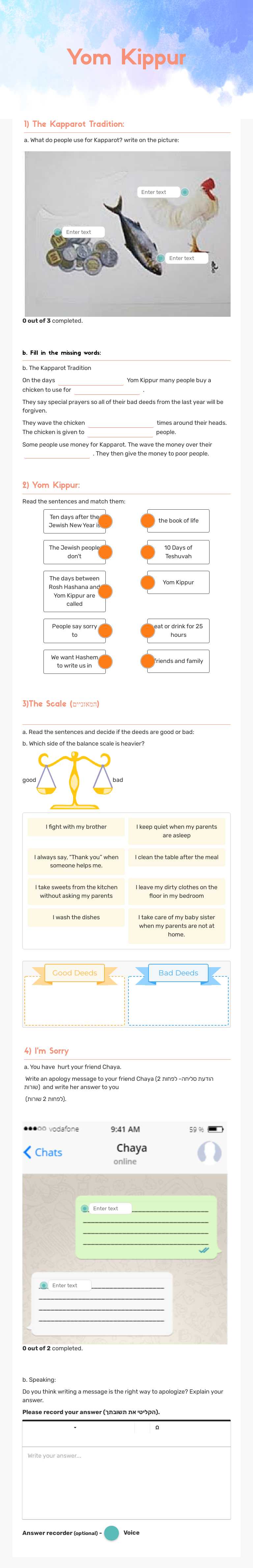 Yom Kippur Grade 7 worksheet preview